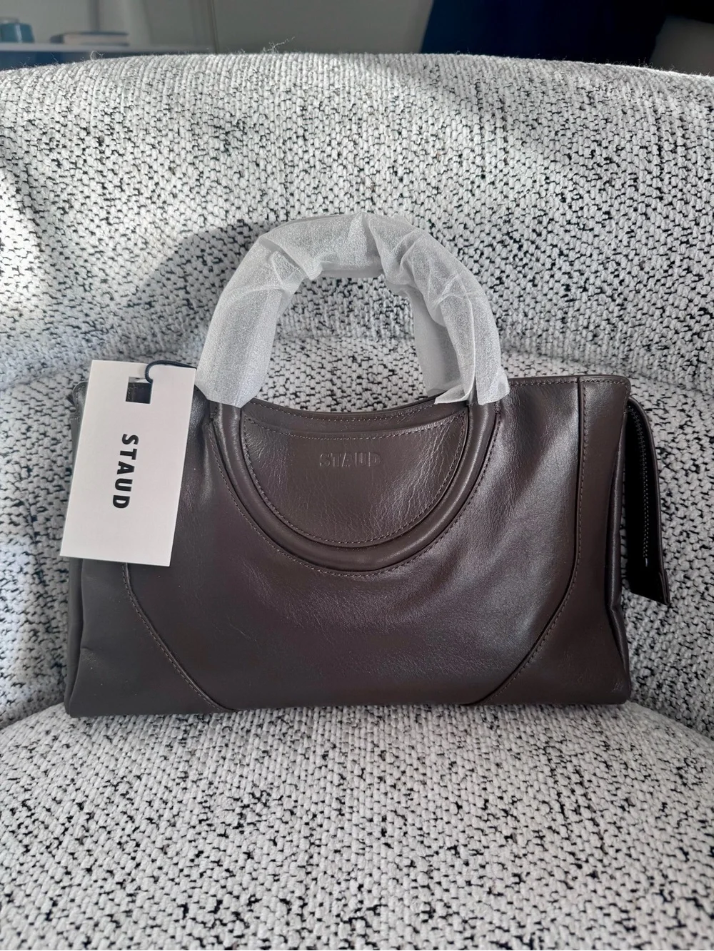 STAUD Maude Satchel with Removable Strap in Dark Brown Leather
